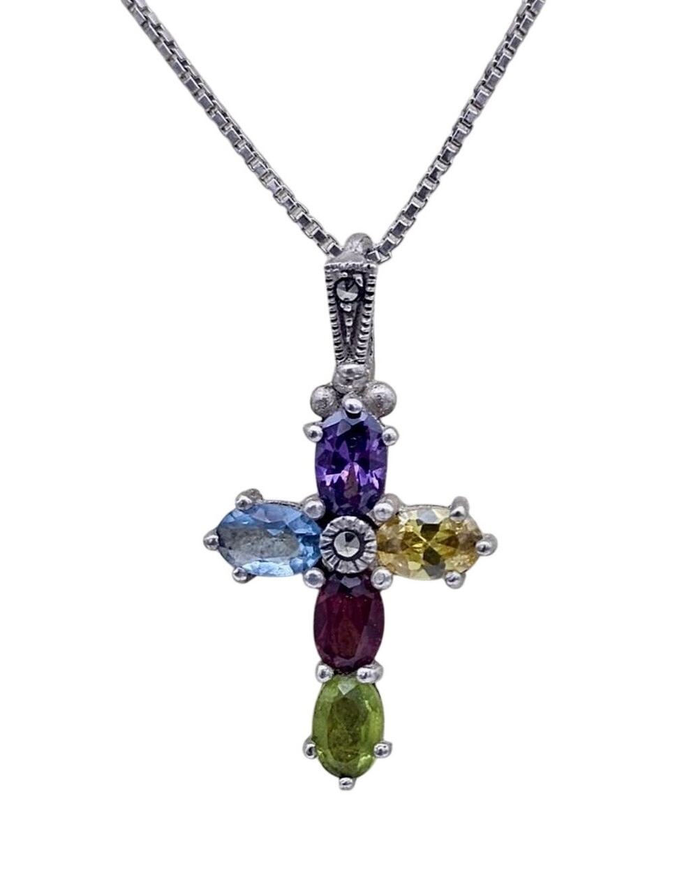 Vintage Sterling Silver 925 Multi Gemstone Cross Pendant Chain Necklace